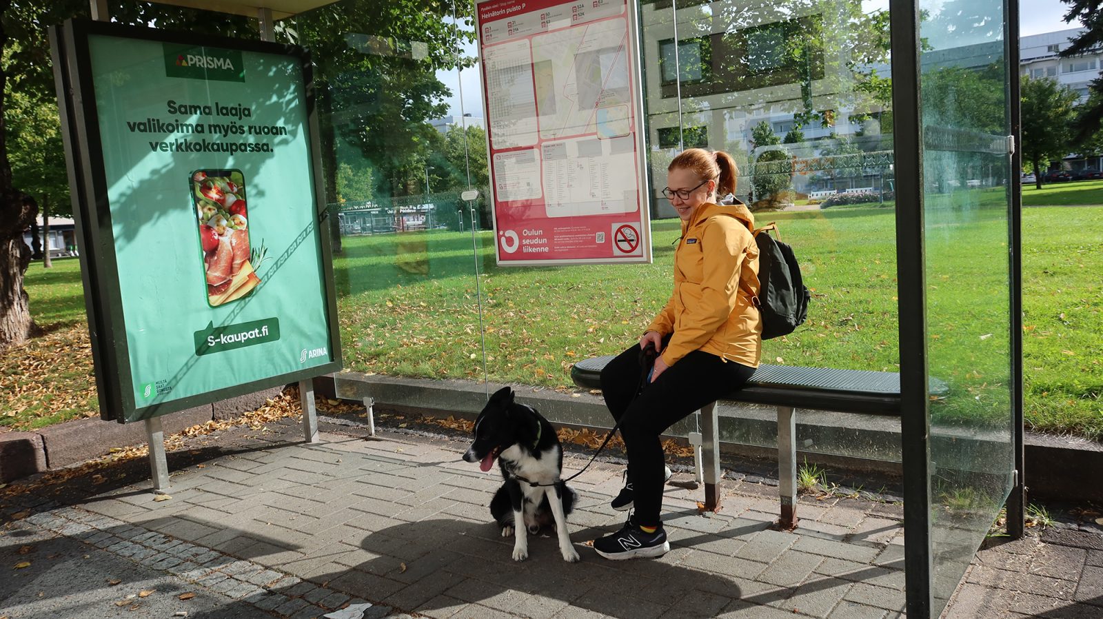 Nainen bussikatoksessa koiran kanssa kesällä.