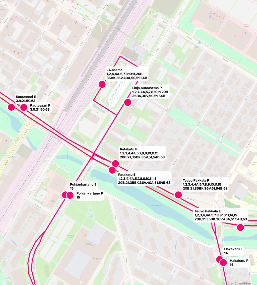 Keskustan läheisyydessä sijaitsevat pysäkit ja niiden kautta ajavat linjat.