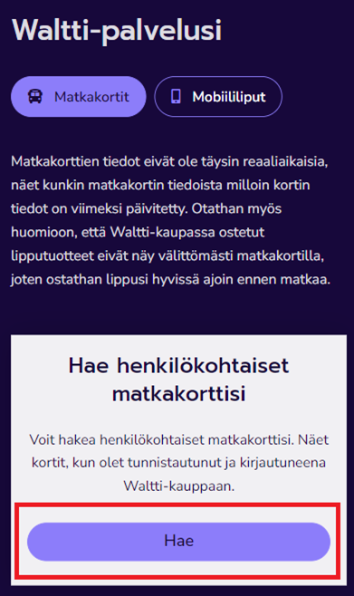 Kuvakaappaus matkakortin lisäämisestä matkatiliin Waltti-verkkokaupassa.