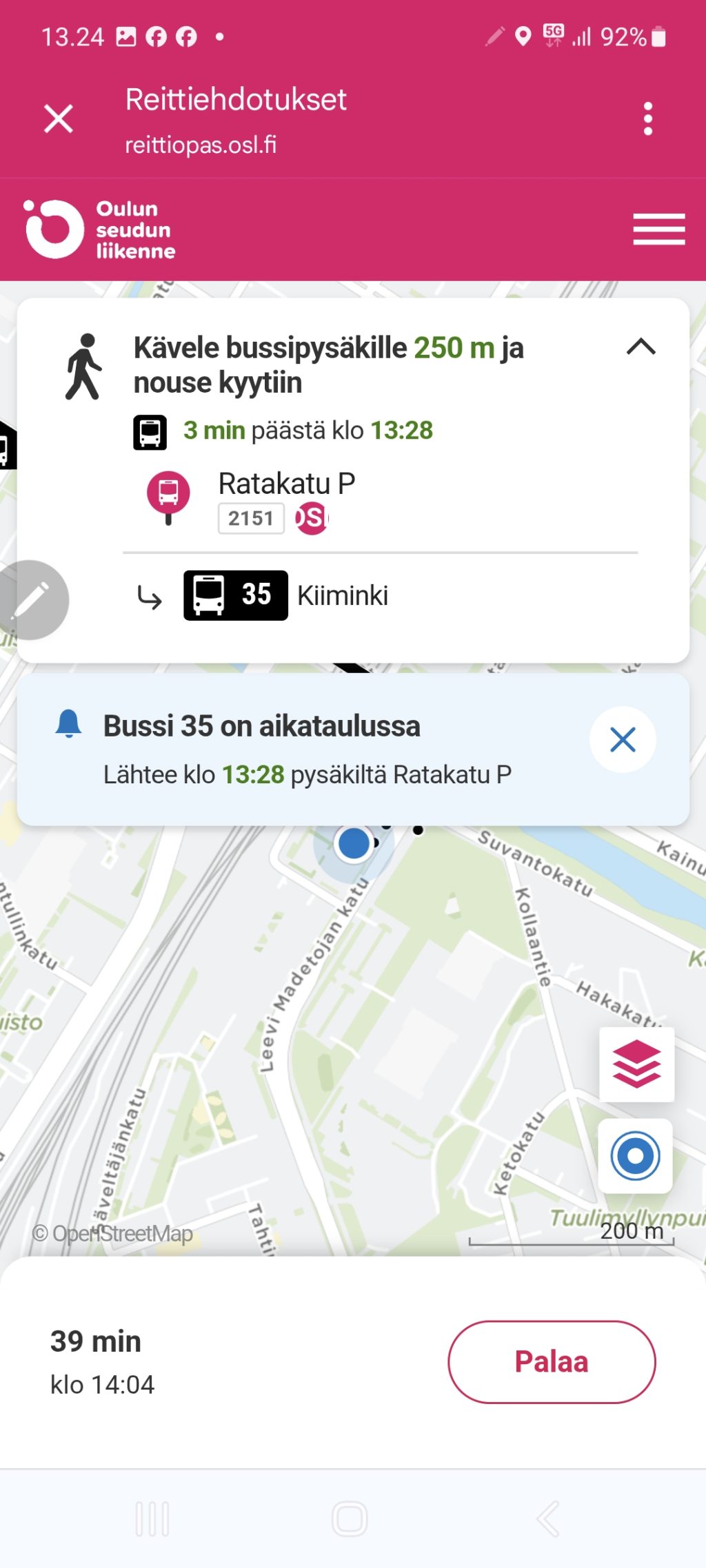 Ruutukaappaus reittioppaasta.