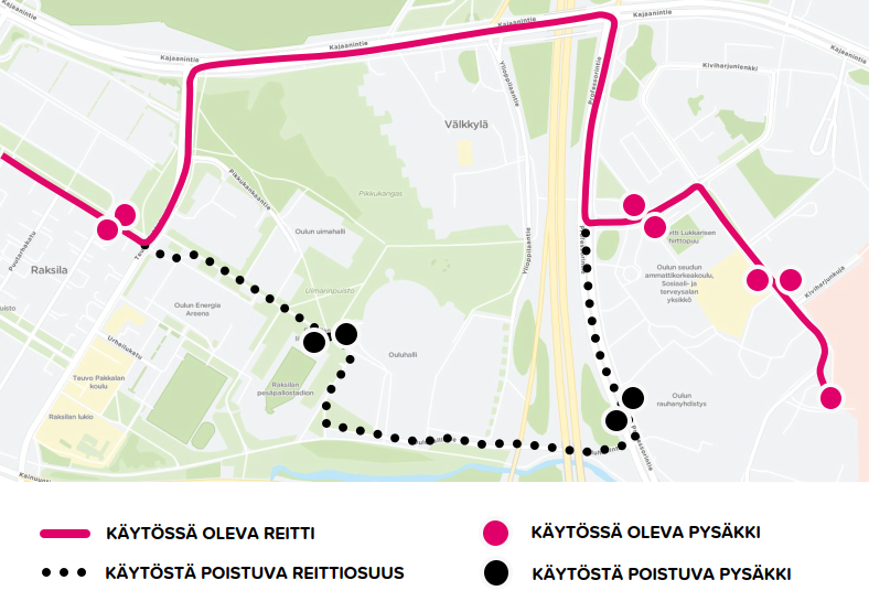 Linjan B poikkeusreitit kartalle piirrettynä.