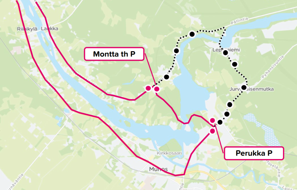 Linjojen Linjat 40, 40K, 41 ja 41K poikkeusreitti kartalla.