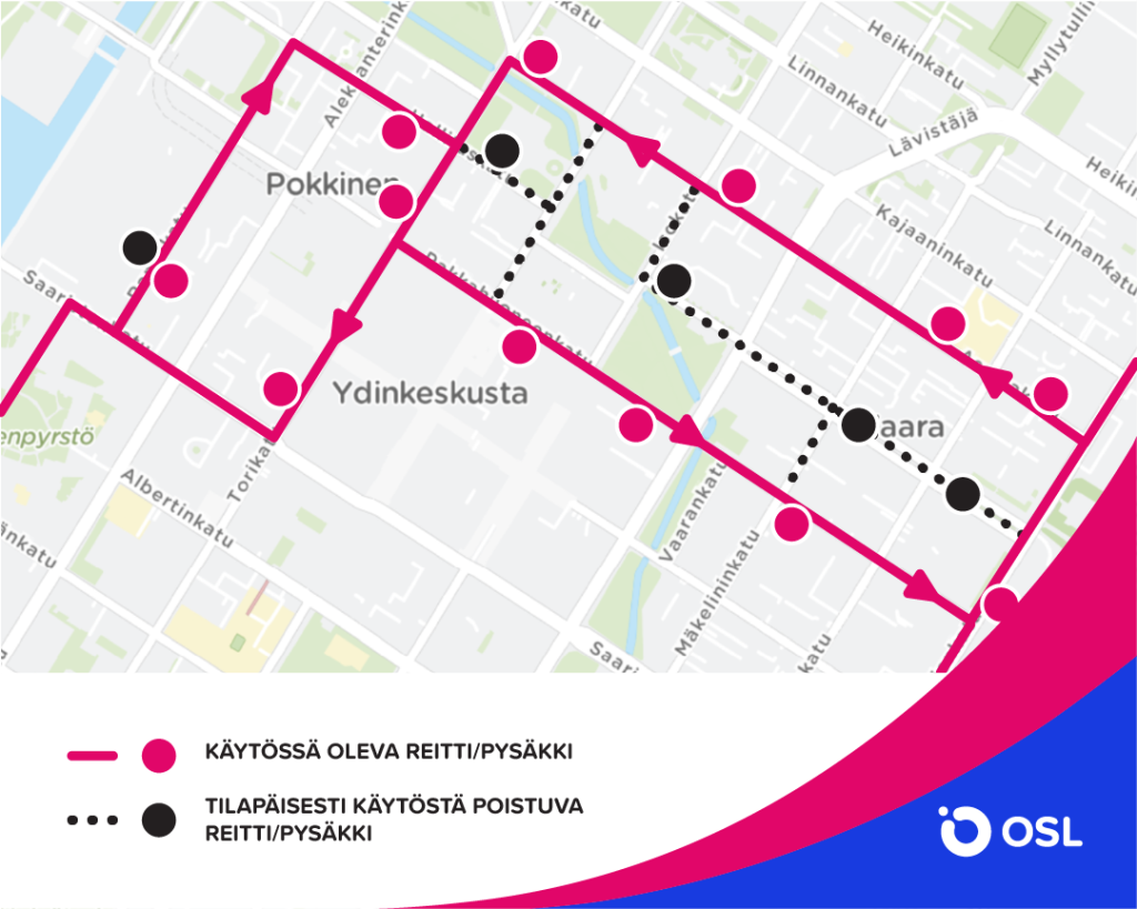 Linjojen A, B, C ja D poikkeusreitti kartalla.
