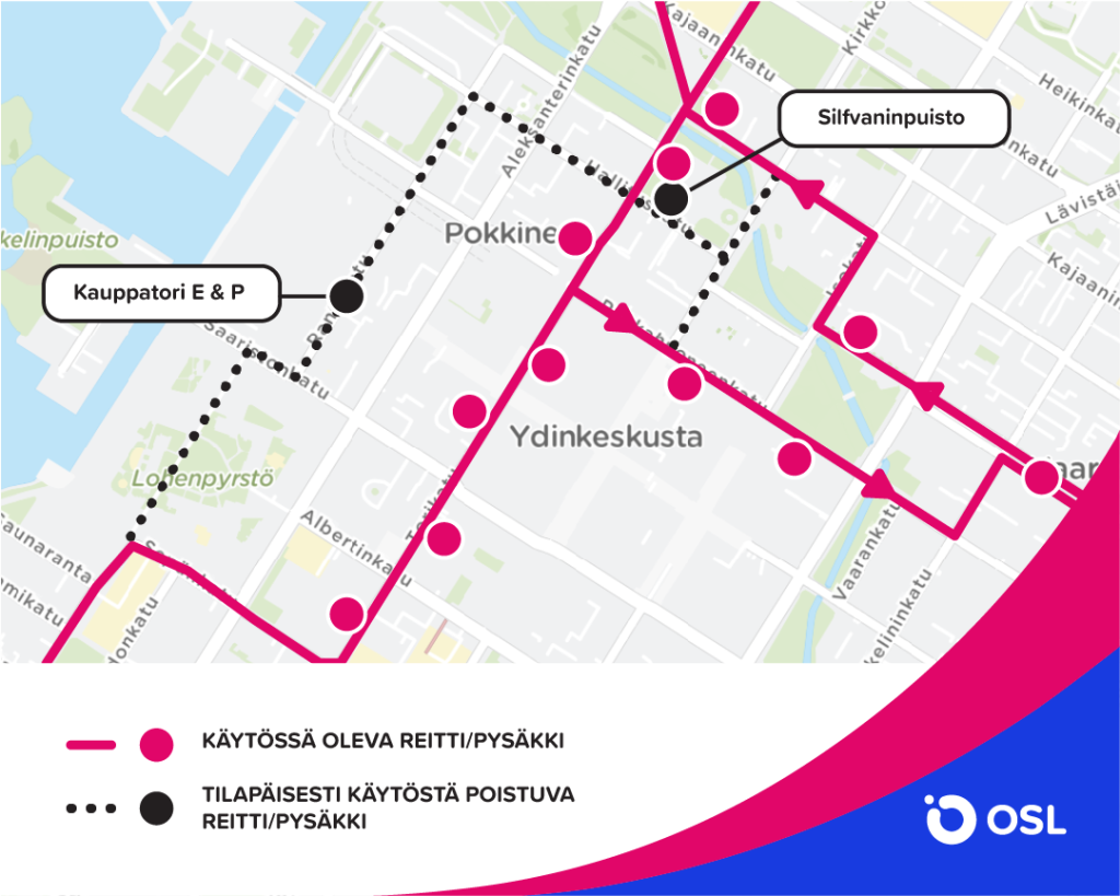Linjojen A, B, C ja D poikkeusreitti kartalla.